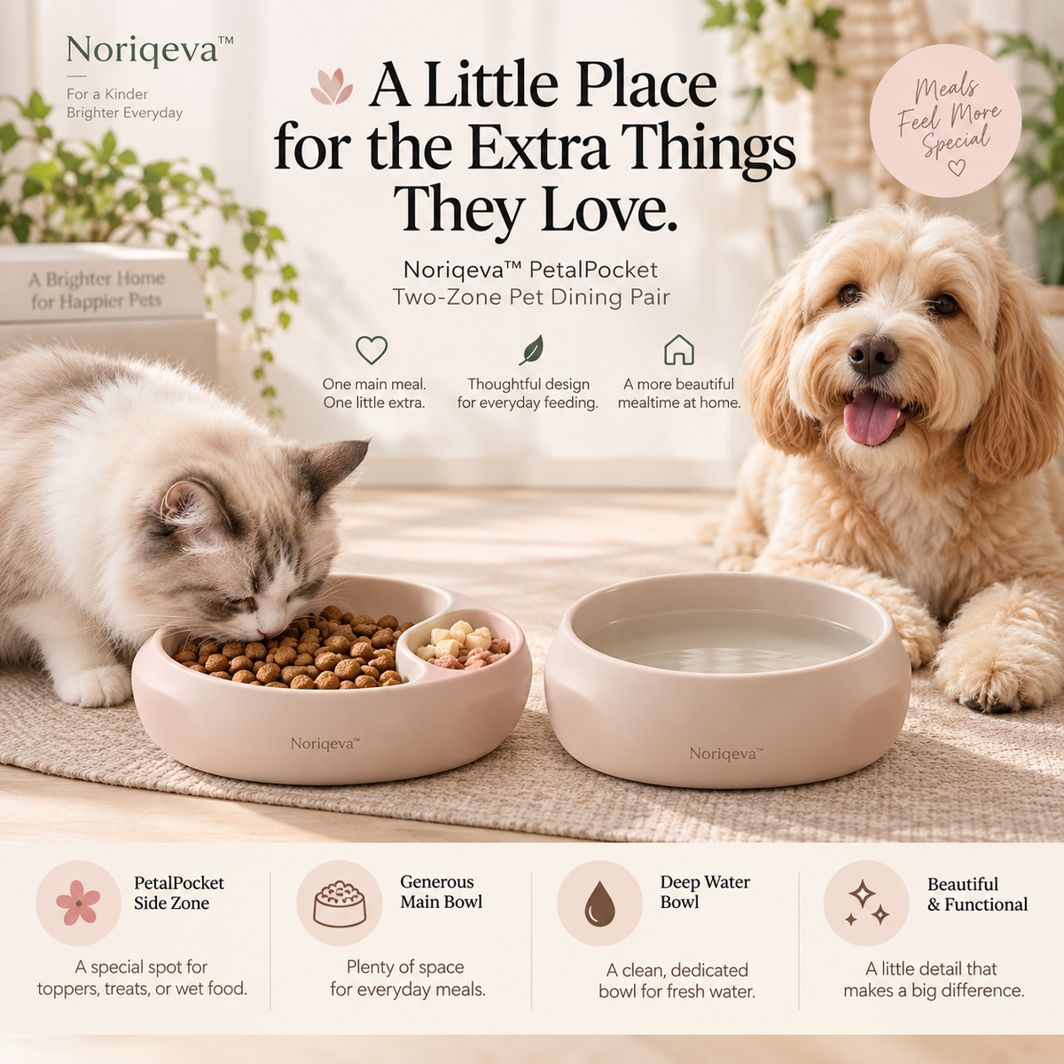 Noriqeva™ PetalPocket Two-Zone Pet Dining Pair