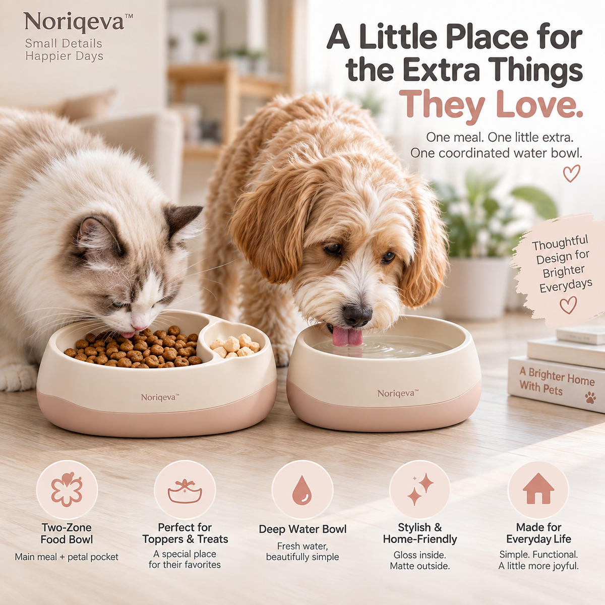 Noriqeva™ PetalPocket Two-Zone Pet Dining Pair