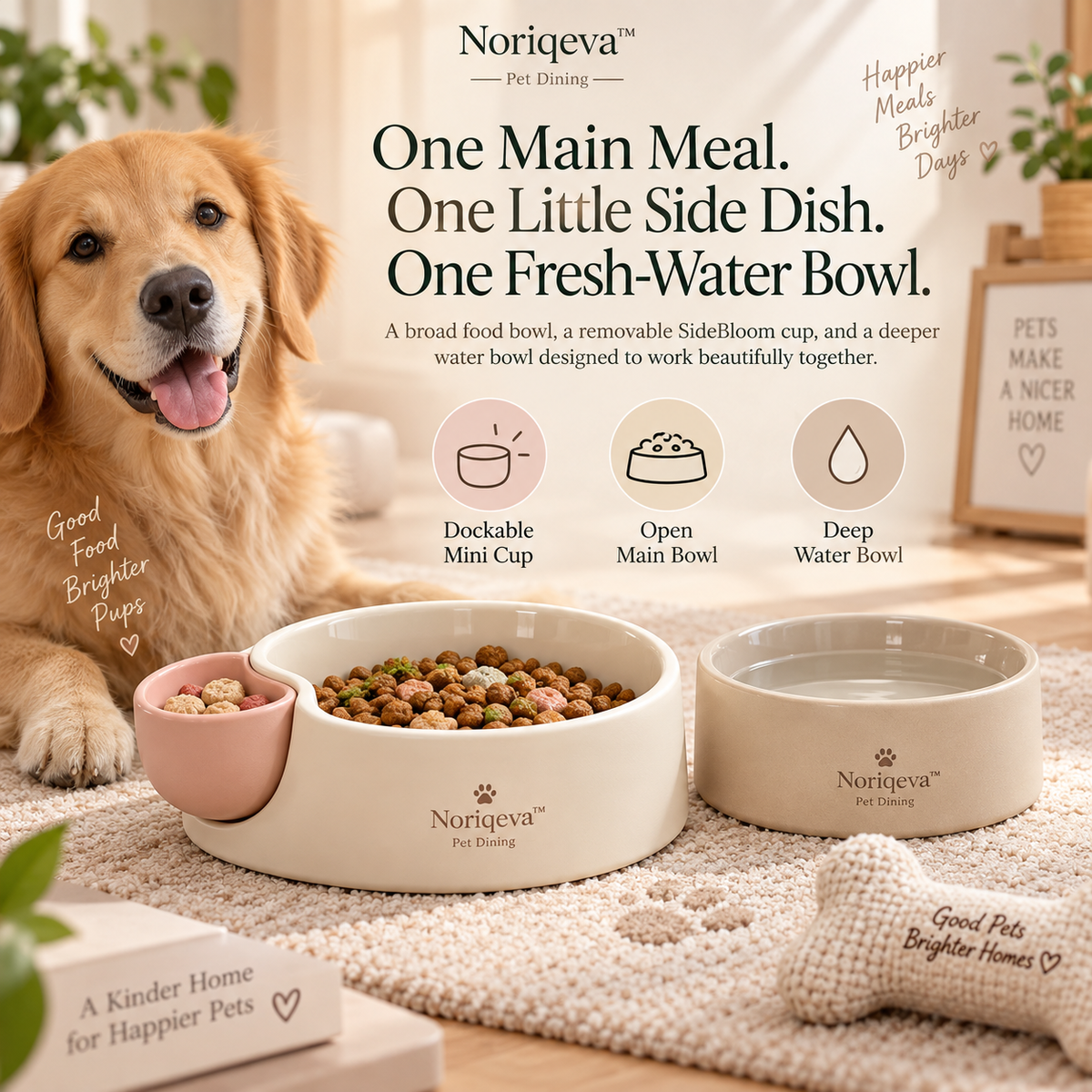 Noriqeva™ SideBloom Dockable Pet Dining Trio