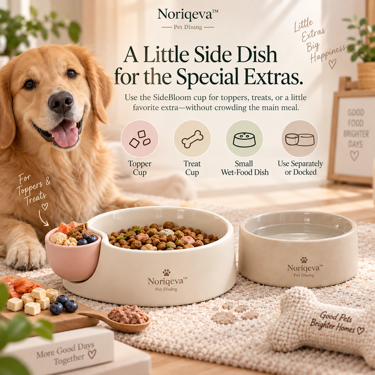Noriqeva™ SideBloom Dockable Pet Dining Trio