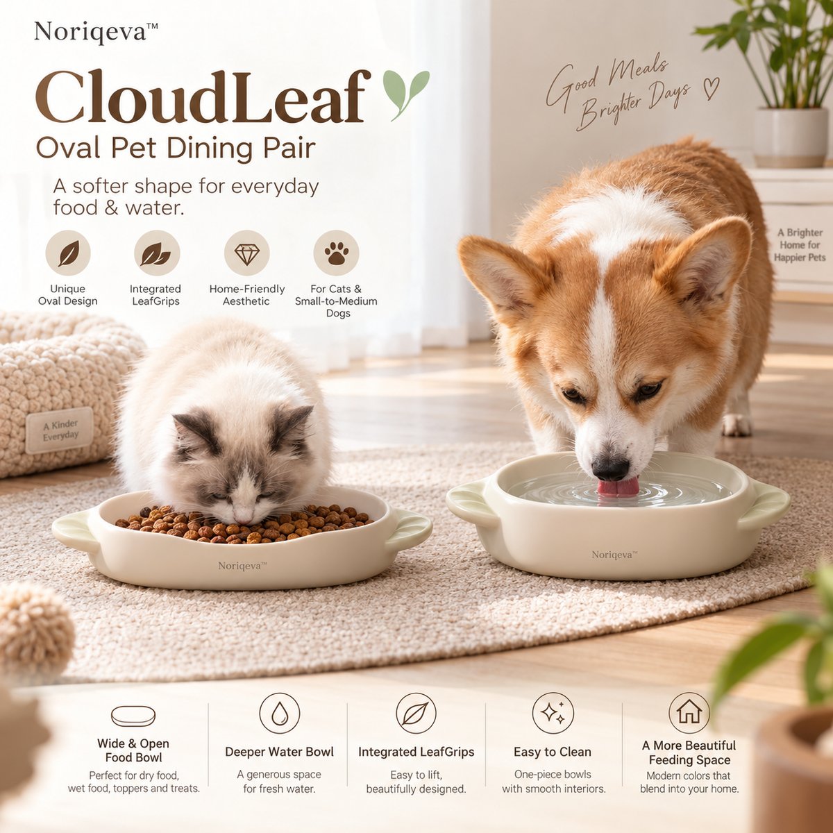 Noriqeva™ CloudLeaf Oval Pet Dining Pair