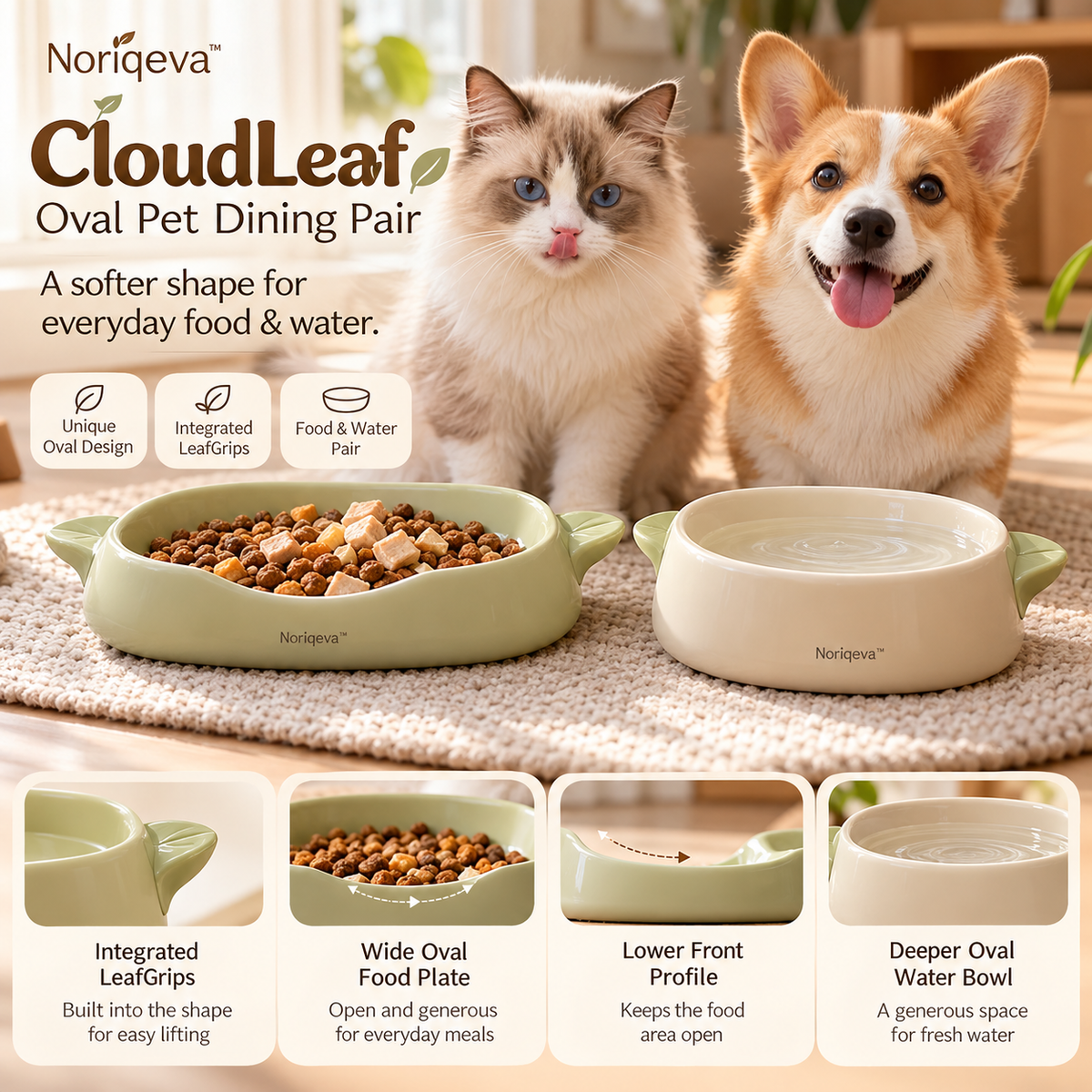 Noriqeva™ CloudLeaf Oval Pet Dining Pair